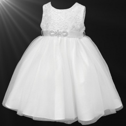 Girls White Sequin & Diamante Brooch Organza Dress